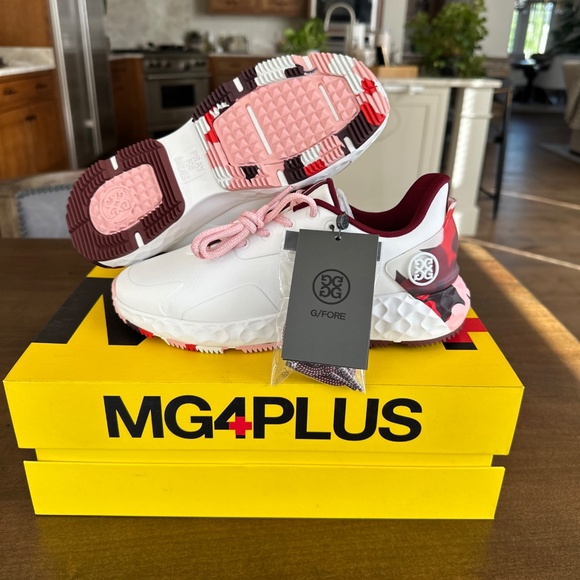 G/FORE GFORE MG4+ TPU Golf Shoes Sneakers Snow/Cabernet Red Womens Sz 7 NEW - Picture 1 of 9